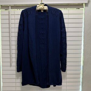 Chico's Women's Navy blue long sleeve open front cardigan with lace trim; size 2